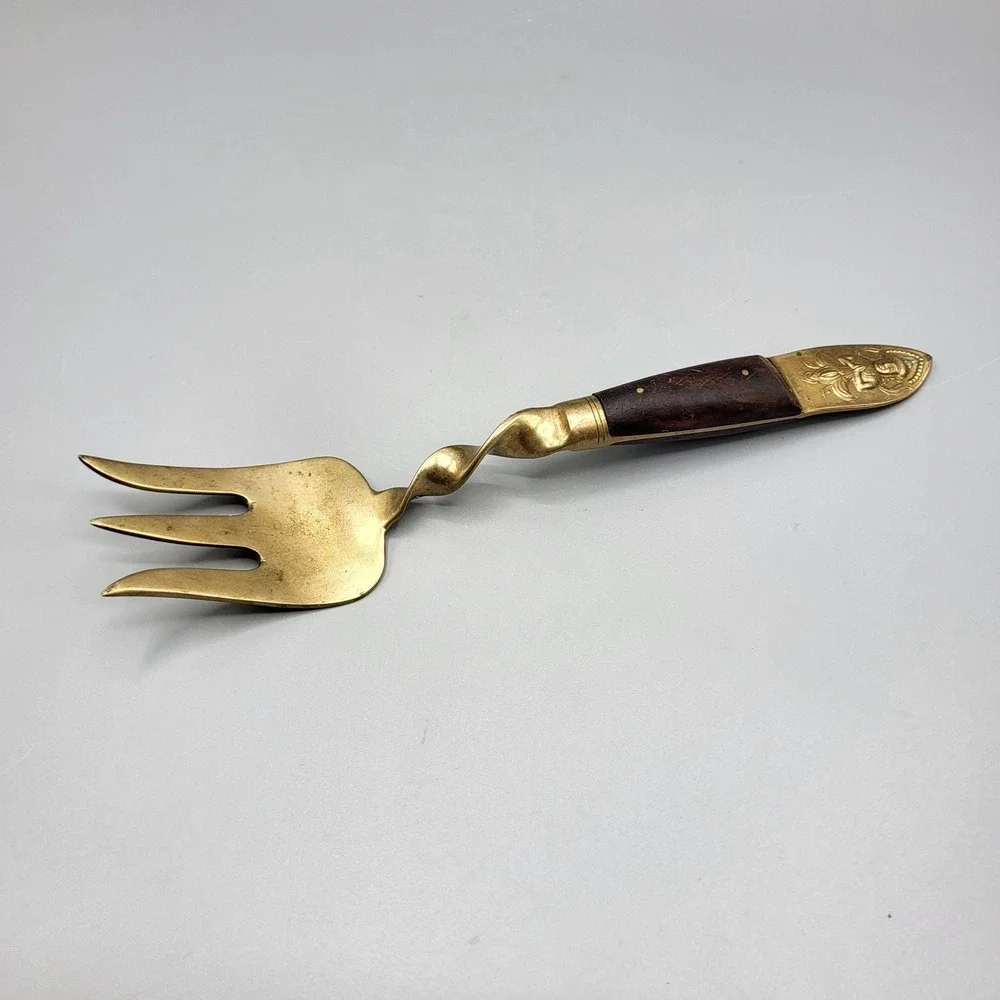 Vintage Serving Fork Brass Wood Spiral Twist Buddha Gold Siam Brown Replacement